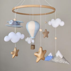 Travel Baby Mobile - Adventure Nursery Decor with Hot Air Balloon, Airplane, Mountains.