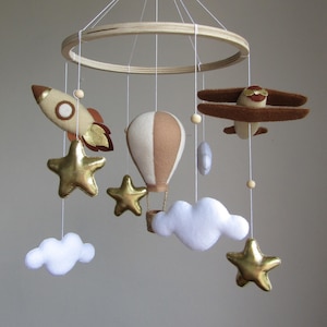 Adventure nursery mobile. Hot Air Balloon, Rocket, Airplane baby crib mobile. Gender neutral cot mobile. Sky, space, travel nursery decor.