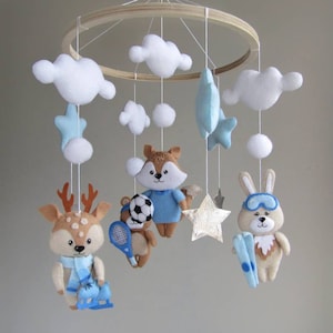 Baby boy cot mobile. Sports crib mobile (forest animals, soccer football tennis skiing skates) Modern hanging nursery decor.