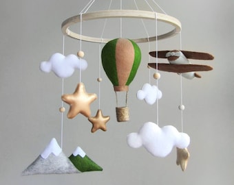 Travel nursery mobile. Adventure baby room decor. Baby boy crib mobile. Airplane, hot air balloon, mountain cot mobile. Musical mobile.