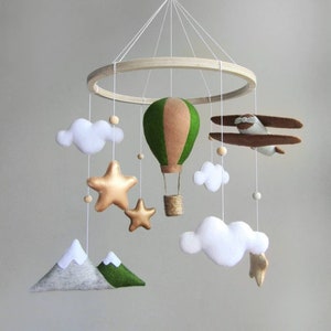 Travel nursery mobile. Adventure baby room decor. Baby boy crib mobile. Airplane, hot air balloon, mountain cot mobile. Musical mobile.