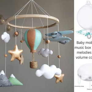 Mobile de voyage pour chambre d'enfant. Déco chambre bébé aventure. Mobile pour lit de bébé garçon fille. Avion, montgolfière, mobile pour lit bébé. Mobile musical. image 9