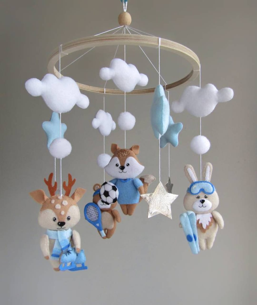 Baby Boy Cot Mobile. Sports Crib Mobile forest Animals, Soccer Football