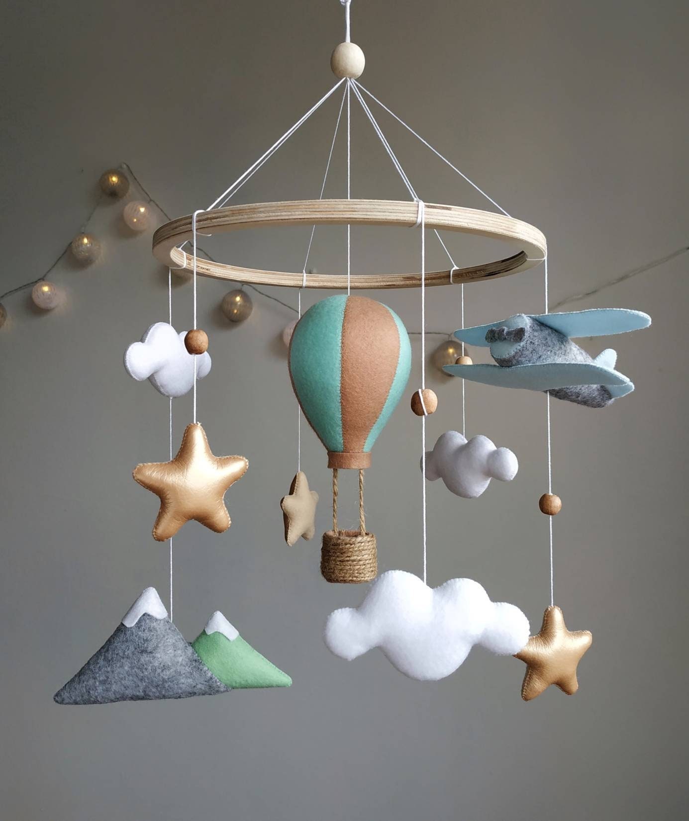 Travel nursery mobile. Adventure baby room decor. Baby boy girl crib mobile. Airplane, hot air balloon, mountain cot mobile. Musical mobile.