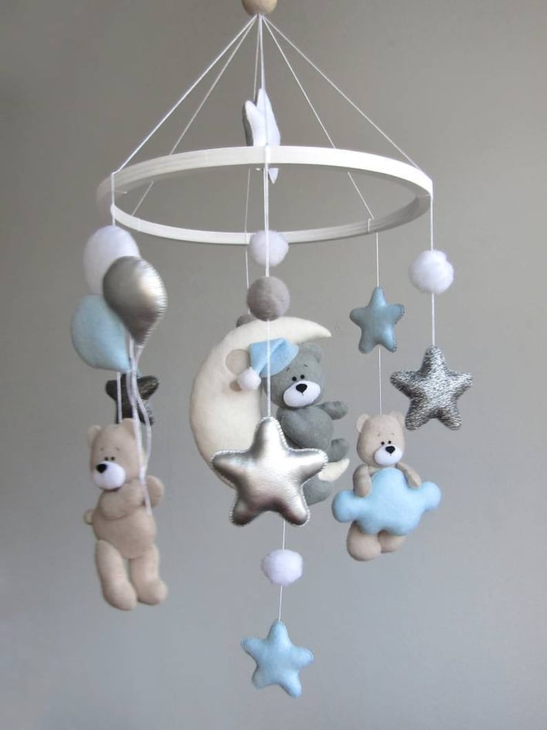 Baby Boy Crib Mobile With Bears Gray and Beige Clouds Stars Etsy
