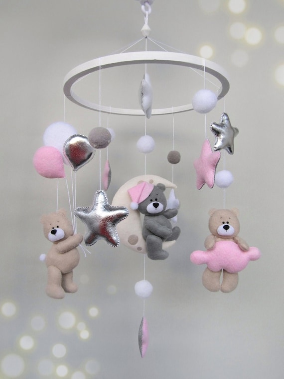 Baby Girl Crib Mobile With Bears Gray and Beige, Pink Cloud, Stars