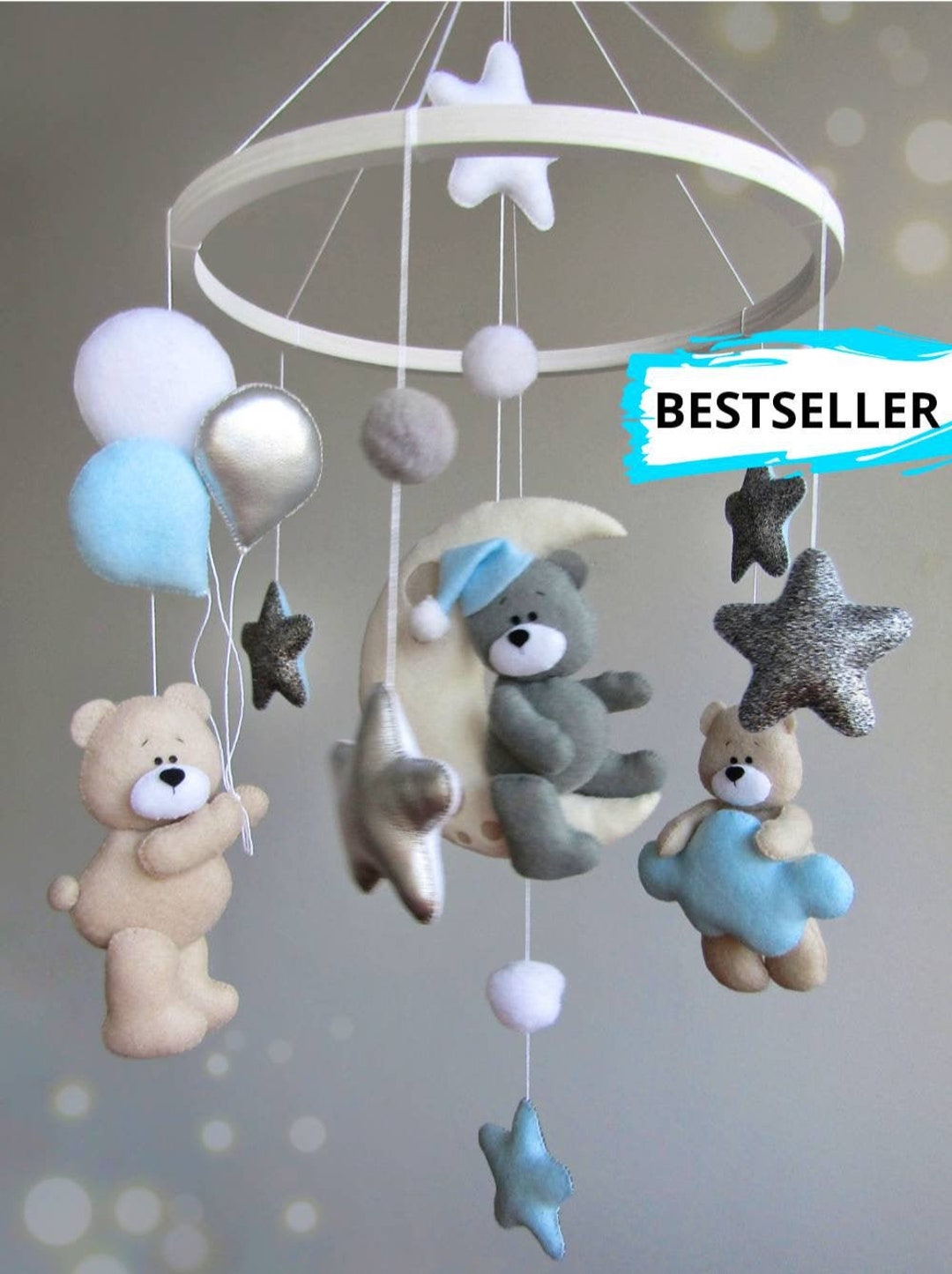 Cuna bebé móvil con osos grises beige nubes estrellas oso - Etsy México