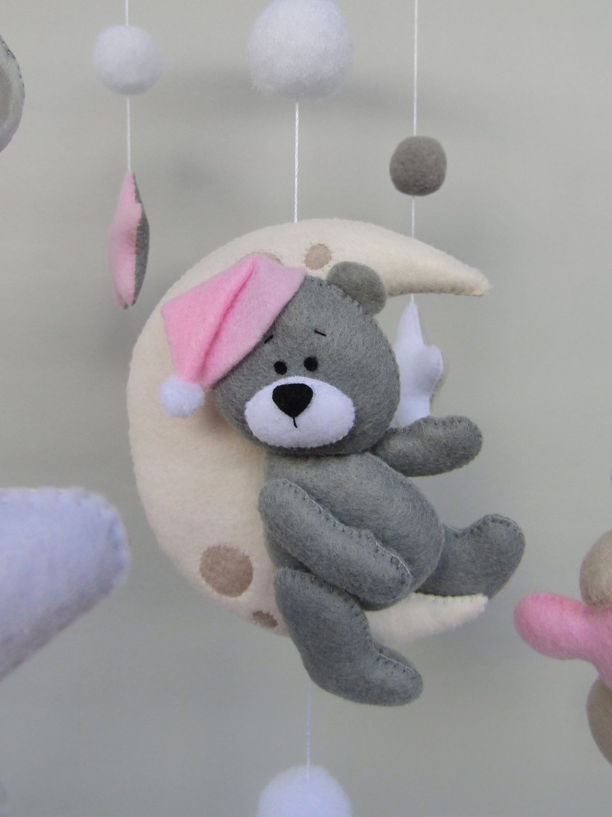 Baby Girl Crib Mobile With Bears Gray and Beige, Pink Cloud, Stars