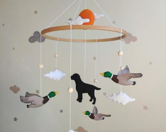Black Labrador Retriever Baby Mobile with Mallard Ducks – Duck Hunting Themed Nursery Decor, Custom Dog Crib Mobile.