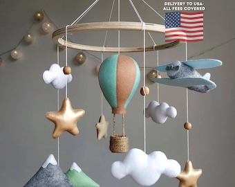 Travel nursery mobile. Adventure baby room decor. Baby boy girl crib mobile. Airplane, hot air balloon, mountain cot mobile. Musical mobile.