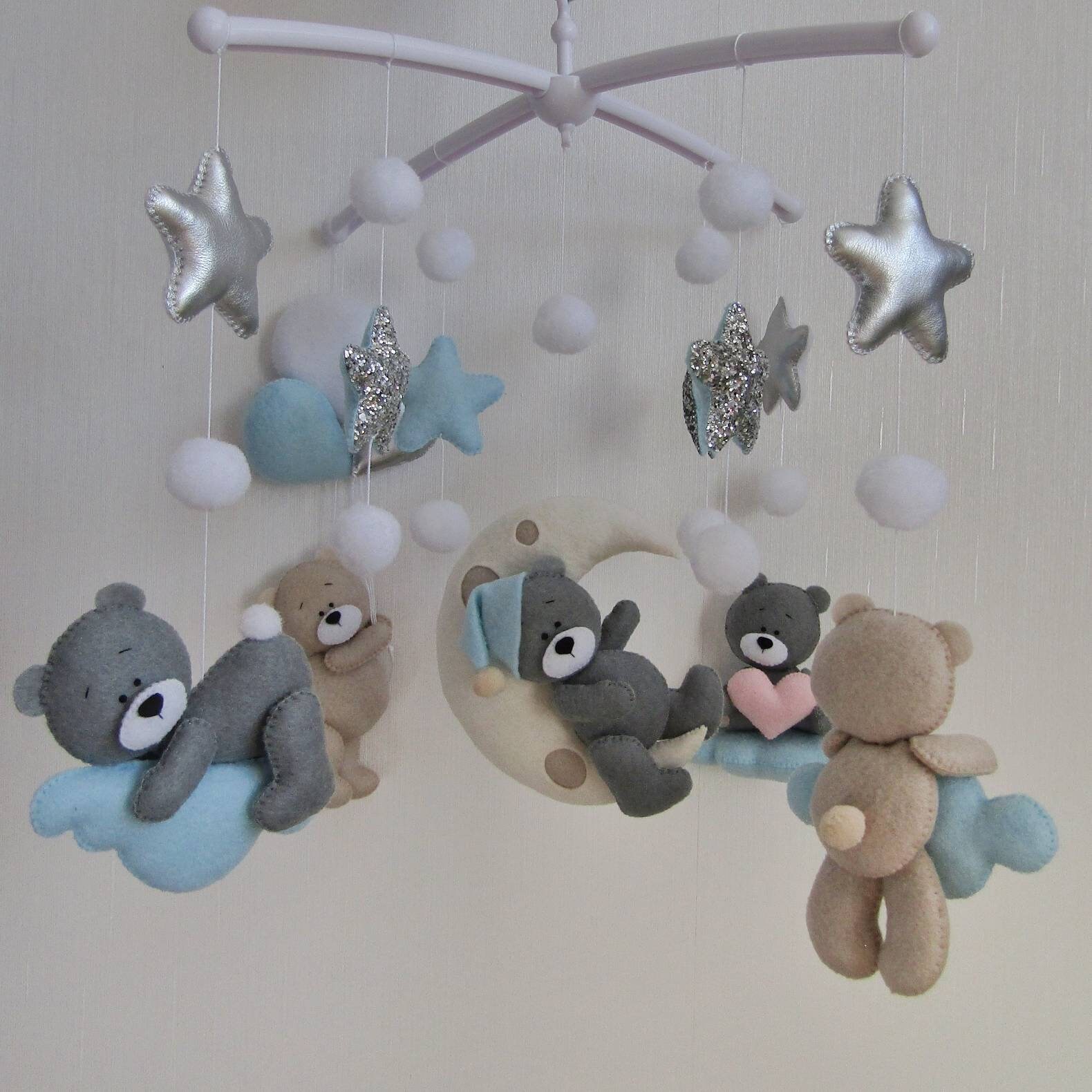 Baby boy crib mobile with bears gray and beige clouds stars Etsy