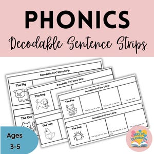 May include: Phonics decodable sentence strips for ages 3-5. The image shows several white sheets with black text and illustrations of animals like a pig, dog, cat, fox, hen, and bug. The text includes simple sentences.