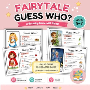 May include: A children's educational game titled "Fairytale Guess Who?" featuring illustrated cards with fairytale characters and clues. The game includes 16 clue cards and 16 character cards, designed for ages 5-7.