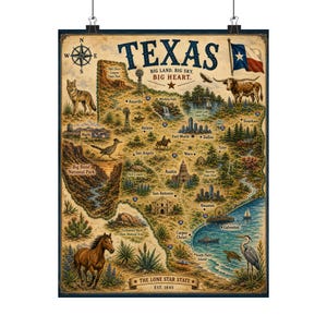 Vintage kaart van Texas, matte verticale poster | Staatskaartkunst, Lone Star-illustratie
