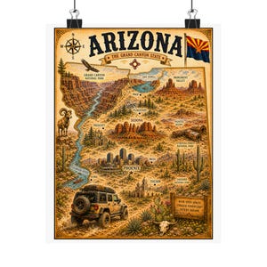 Poster con la mappa del deserto dell'Arizona / Decorazione murale con i parchi nazionali e Sedona / Arredamento a tema avventura