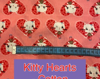 Kitty Heart Pink Cotton Fabric. Valentine’s Day fabric.