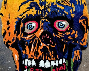 Tar Man Rug – Handmade Horror Piece for the Living (Dead Fans). Cotton and Acrylic, one of one, size: 55x37 inches. Perfect for horror art.