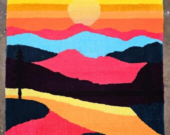 Landscape Rug - "Midwave" (Vaporwave and Mid Century) styling. Inspired by Northern California Landscapes. one of one. Handmade and original