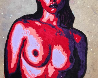 Bold Nude Tufted Rug – Handcrafted Female Portrait in Red and Violet Tones – Modern Pop Art Textile Wall Hanging or Floor Piece. 57x34 inch.