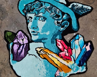 Crystal Mercury Rug/Handmade one of a kind Rug/Vaporwave/Accent Rug/Outrun/synth pop/aesthetics/roman bust/ancient Rome/Floor Art/45x45 inch