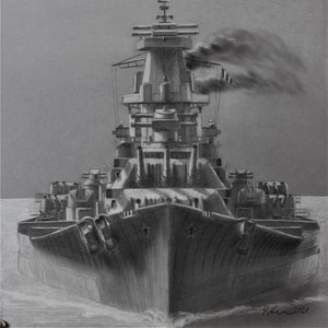 May include: A black and white pencil drawing of a battleship at sea. The ship is seen from the front, with its bow facing the viewer. The ship is steaming through the water, leaving a wake behind it. Smoke is billowing from the ship's smokestacks.
