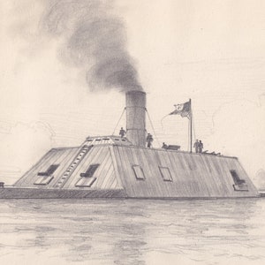 Könnte beinhalten: Eine Schwarzweiß-Bleistiftzeichnung eines Panzerschiffs aus der Zeit des amerikanischen Bürgerkriegs mit einem hohen Schornstein und einer einzigen Flagge, die an der Spitze des Schiffes weht. Das Schiff befindet sich im Wasser und im Hintergrund sind Bäume zu sehen.