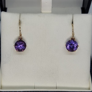Simulated Alexandrite Pair, Blue Purple Color Change, Gold Filled Dangle Ear Wires, TGW 5 carats, 8mm Round Brilliant Cut