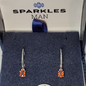 May include: A pair of silver earrings with orange gemstones. The earrings are in a blue velvet box with the words "Sparkles Man" on the lid.