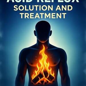May include: Digital illustration of a human silhouette with flames emanating from the chest. The text reads "THE ACID REFLUX SOLUTION AND TREATMENT". Below, it says "Prevent, Reverse, and Repair Reflux at the Root Cause - Naturally and Safely."