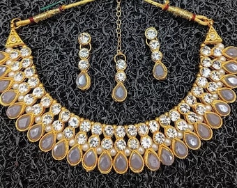 Indian Bollywood Style Gold Plated Choker Necklace Earrings Tikka Jewelry Set