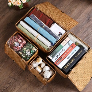 Handmade straw storage basket debris covered rattan storage box home organization storage woven 1 basket Decor Home Living Eco-Friendly Gift image 3