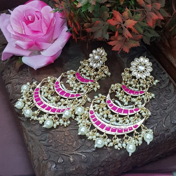 Indian Bollywood Style Hot Pink Enameled Pearl Jhumka Earrings Girls  Jewelry Set