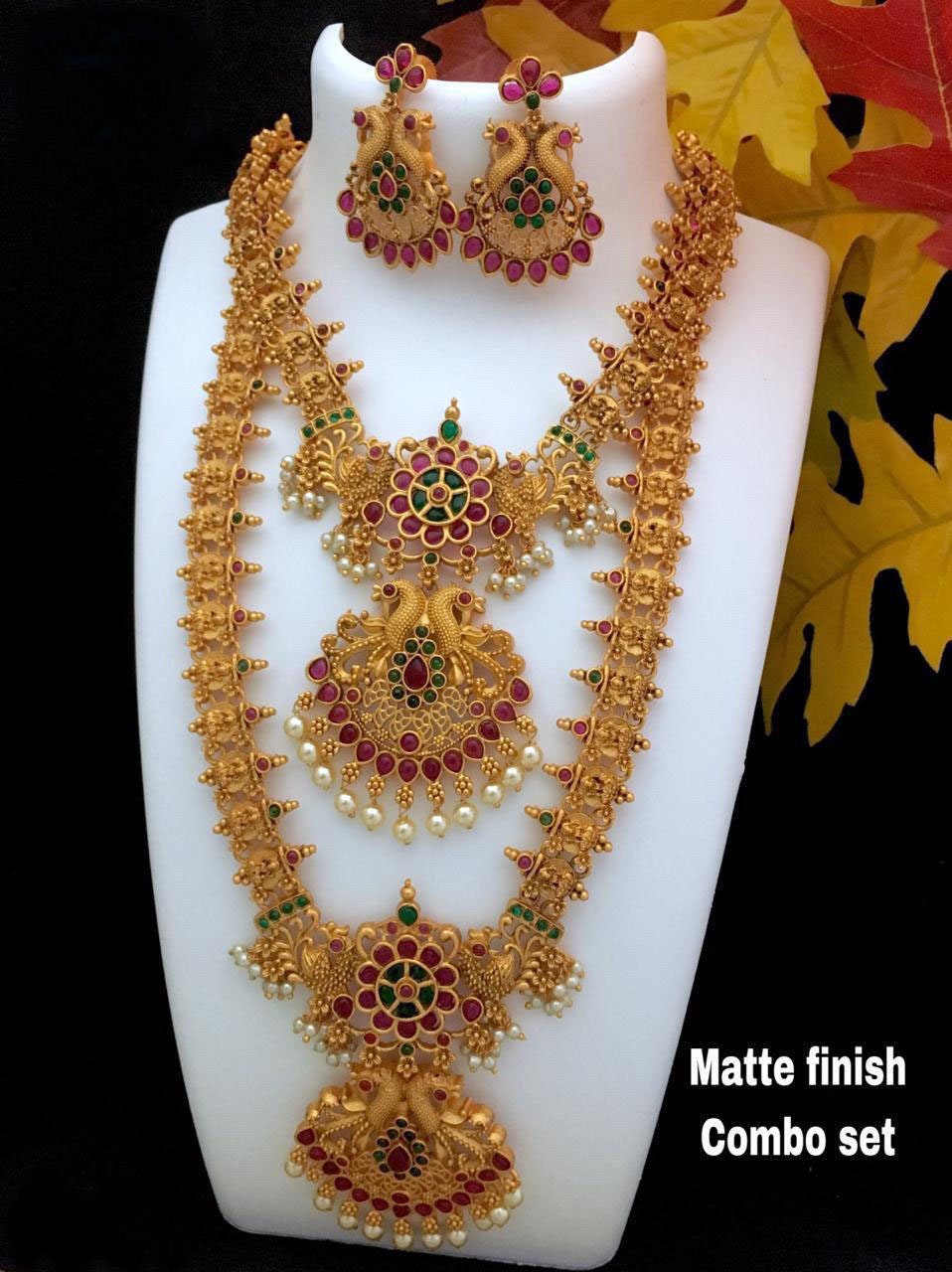 New Multi Color Gold Plated South Indian Traditional Temple Jewelry Necklace Set 
