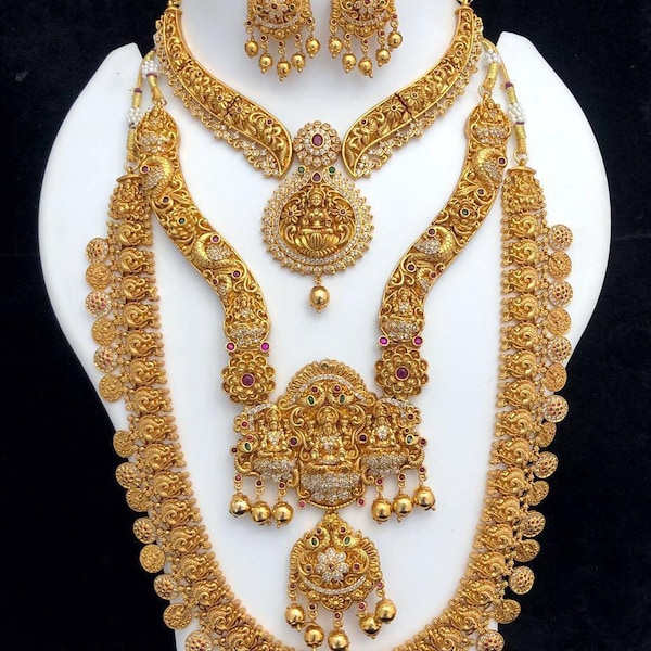 Gold Plated Bollywood Style Indian Choker Long Haram Necklace Earrings Bridal Jewelry Set Temple Jewelry