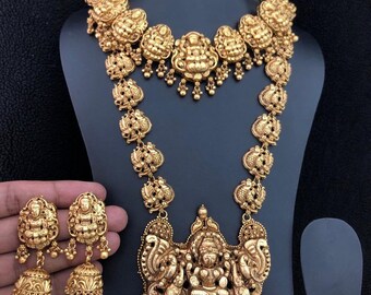 South indian Necklace set, traditional indian temple jewelry, lakshmi set, necklace choker Long set Maat Gold Finish Mirco Plated Jhumka Set