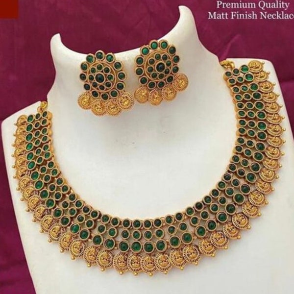 Indian Bollywood Style Gold Plated Choker Necklace Earrings Kundan Bridal Temple Jewelry Set