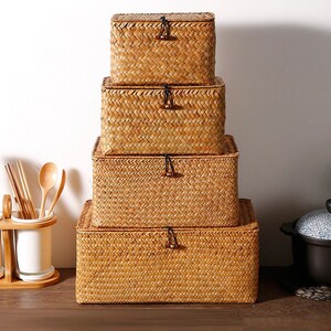 Handmade straw storage basket debris covered rattan storage box home organization storage woven 1 basket Decor Home Living Eco-Friendly Gift image 4