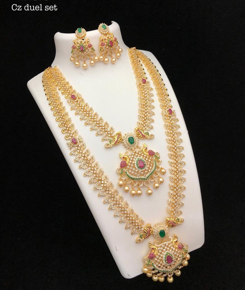 bollywood style 18k gold plated cz ad bridal wedding jewellery jewelry chain matt finish necklace earrings