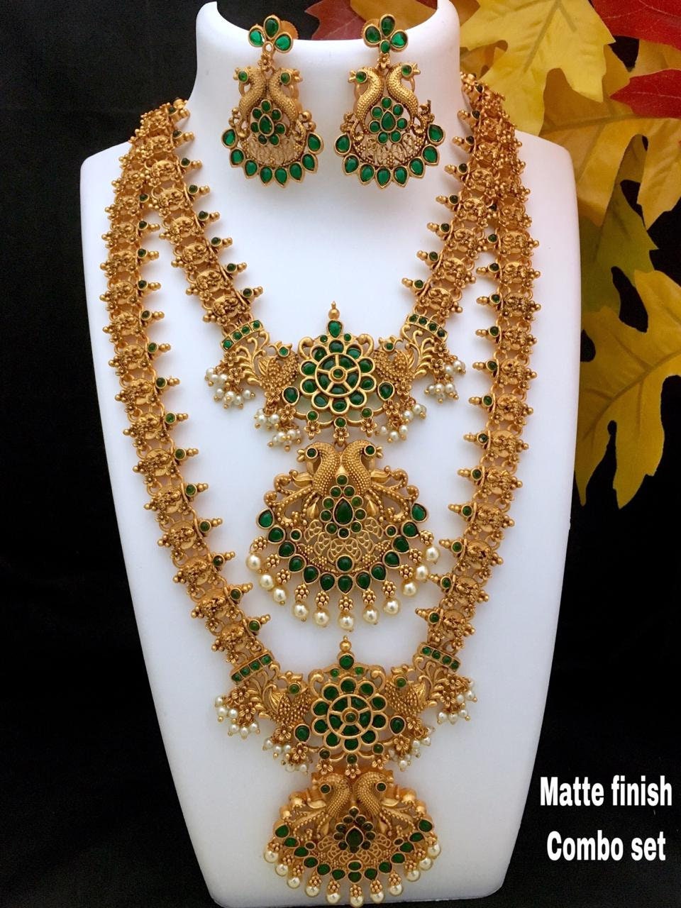 Temple jewelry Indian Wedding Jewelry| Kemp Stones South Indian Jewelry Bridal Temple Jewelry Matte finish Indian gold Jewelry Set