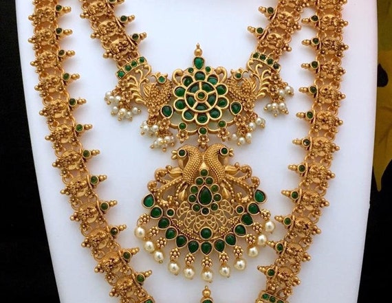 South indian set traditional indian temple jewelry chain necklace haram set Maat Gold Finish Mirco Plated Green Set