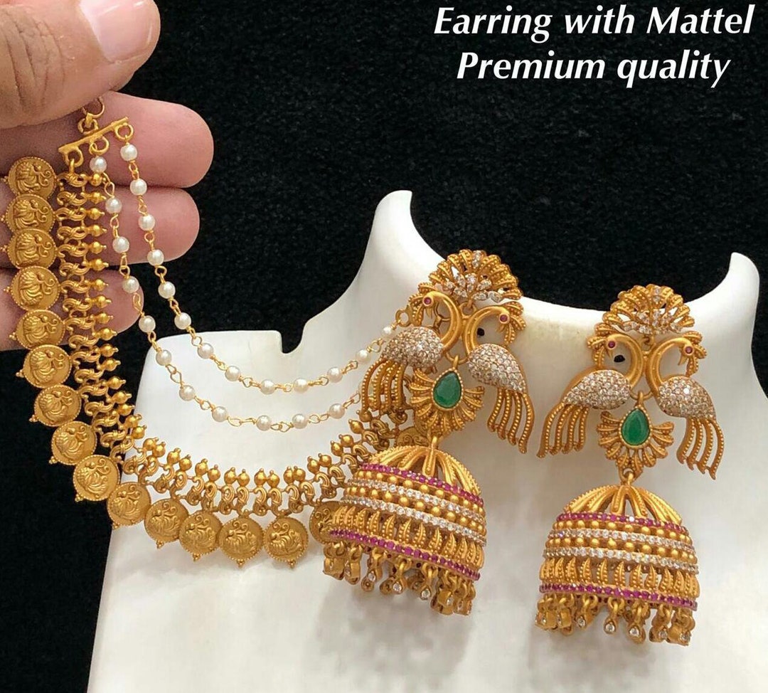 Indian Gold Plated Jhumka Earrings Ear Chain Matt Finish CZ AD - Etsy UK