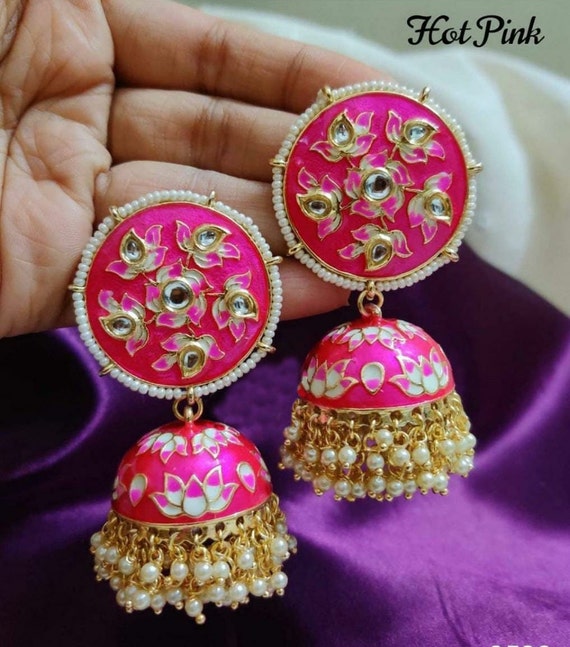 Indian Bollywood Style Hot Pink Enameled Pearl Jhumka Earrings Girls Jewelry  Set