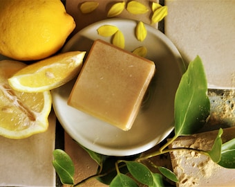 May include: A light brown bar of soap on a white ceramic dish with lemon slices and green leaves.