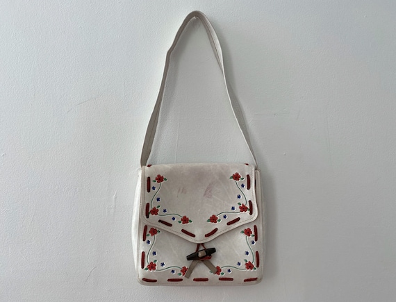 1970s White Tooled Leather Floral Bag