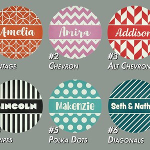 May include: Six round, personalized, decorative labels with different patterns. The patterns include vintage, chevron, polka dots, stripes, and diagonals. The labels are numbered 1 through 6.