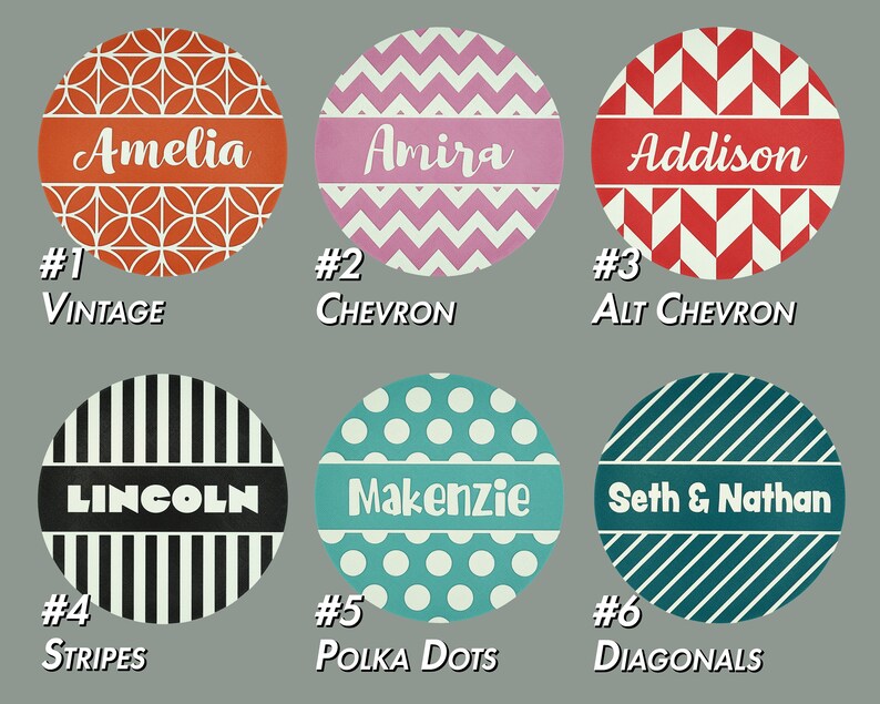 May include: Six round, personalized, decorative labels with different patterns. The patterns include vintage, chevron, polka dots, stripes, and diagonals. The labels are numbered 1 through 6.
