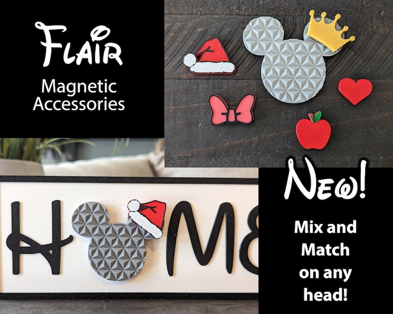 May include: A white sign with the word "HOME" in black letters. A gray Mickey Mouse head with a red Santa hat is in the middle of the sign. The sign is surrounded by a black frame. The image also shows a variety of magnetic accessories, including a red apple, a red heart, a red bow, a gold crown, and a red Santa hat.