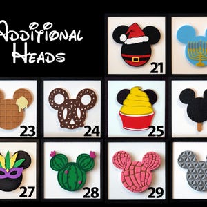 May include: A set of 10 different Mickey Mouse head designs, each with a unique theme. The designs include a waffle, pretzel, ice cream cone, popsicle, Mardi Gras mask, cactus, Mexican sweet bread, and a Space Mountain design. The designs are all in a black and white color scheme.