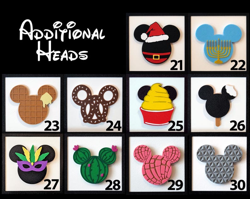 May include: A set of 10 different Mickey Mouse head designs, each with a unique theme. The designs include a waffle, pretzel, ice cream cone, popsicle, Mardi Gras mask, cactus, Mexican sweet bread, and a Space Mountain design. The designs are all in a black and white color scheme.