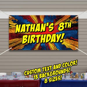 Birthday Superhero Banner Comic Book Vinyl Banner for Superhero Birthday Parties Kid Superhero Party Banner Superhero Decorations